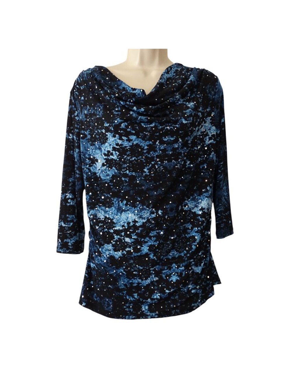 Style and Co Blue Silver Cowl Neck 3/4 Sleeve Top Women Petite Size PL Party Y2K